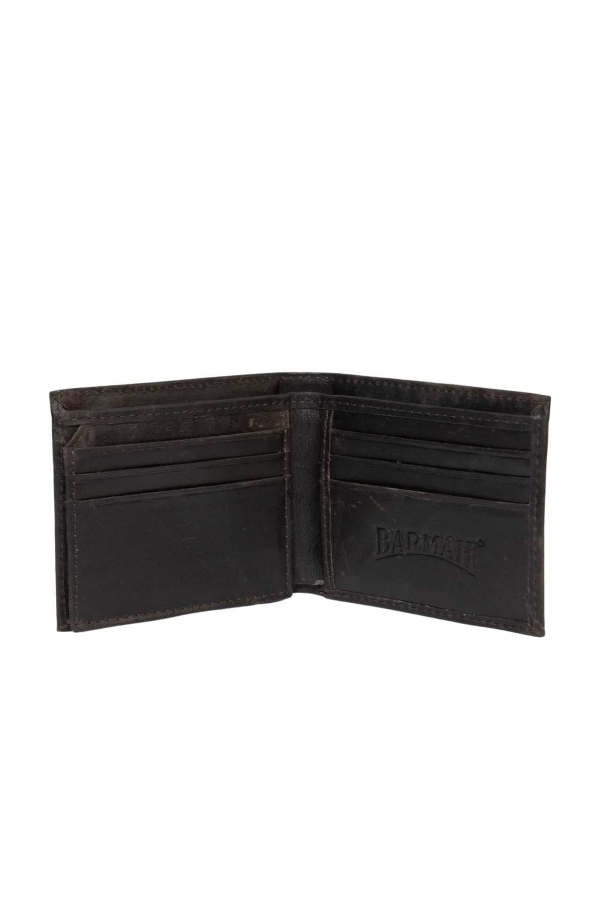 The Barmah All Roo Wallet is crafted from premium dark brown kangaroo leather and opens to reveal multiple card slots and compartments, with "Barmah" embossed on the inside right flap.
