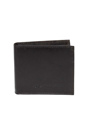 The Barmah All Roo Wallet is a black kangaroo leather bifold, standing upright and closed, with subtle edge stitching, faint embossed text on the front, and built-in RFID protection for added security.