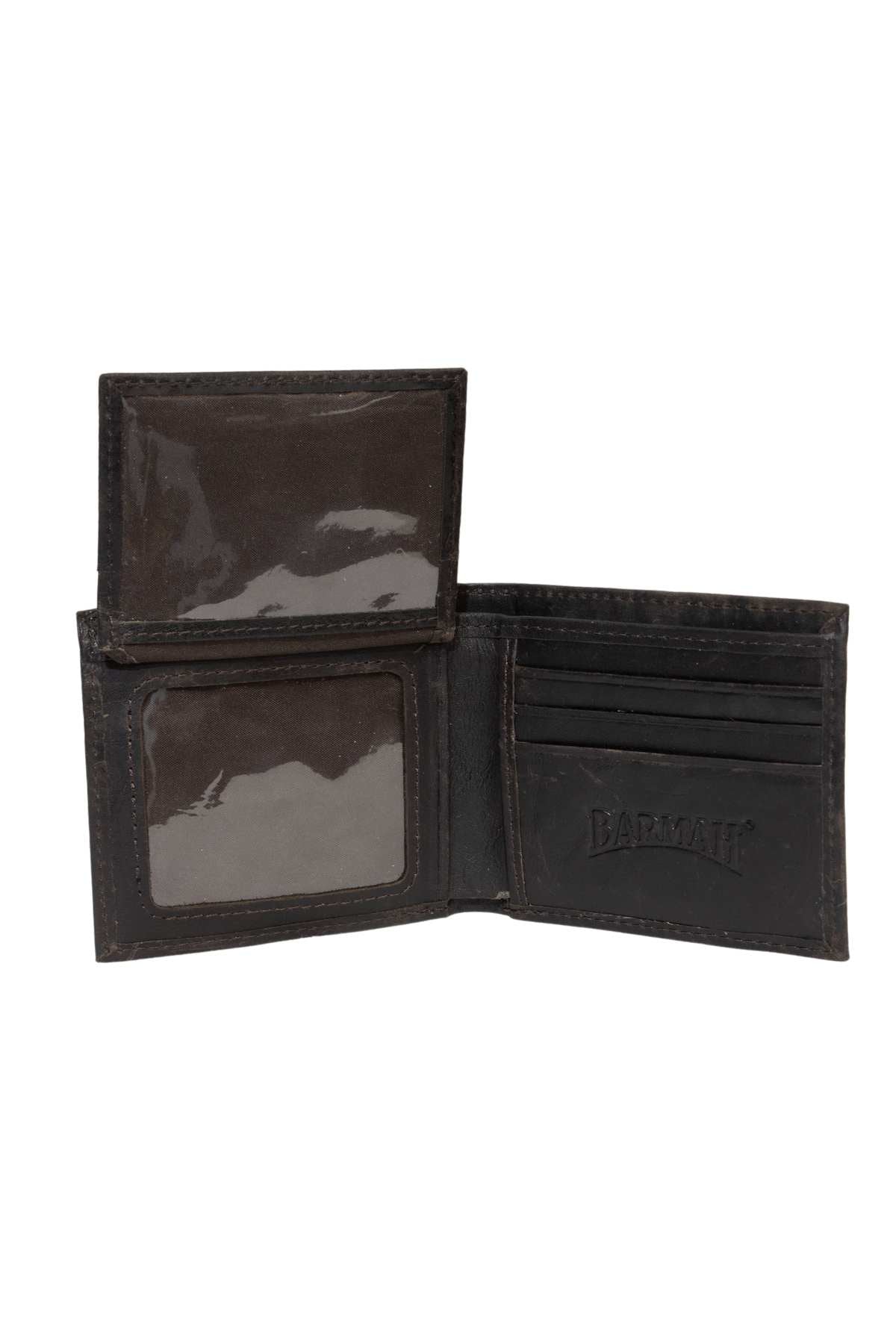 Open black Barmah All Roo Wallet made from kangaroo leather, displaying an ID window, card slots, and "BARMAN" embossed inside. Includes RFID protection for extra security.
