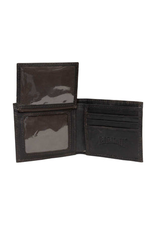 Open black Barmah All Roo Wallet made from kangaroo leather, displaying an ID window, card slots, and "BARMAN" embossed inside. Includes RFID protection for extra security.