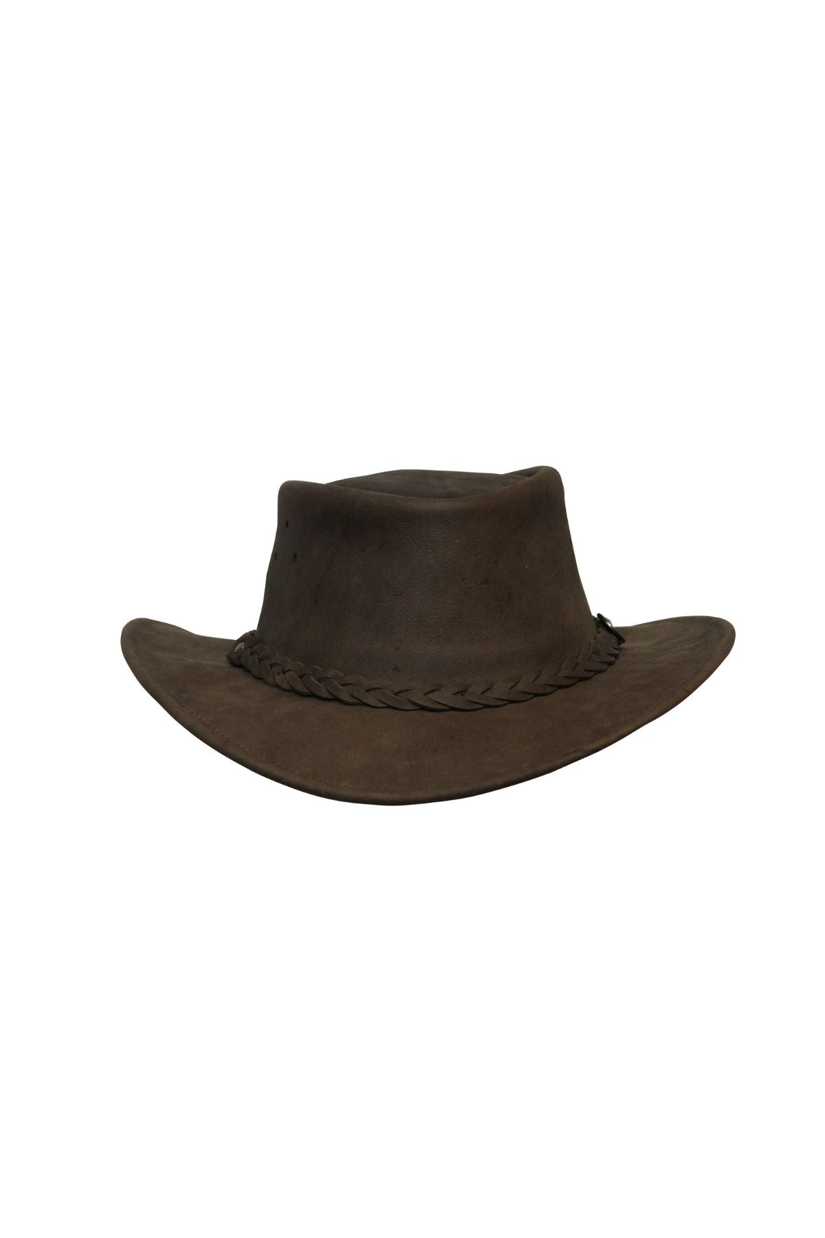 The Barmah Bushie Suede Cooler Hat is a dark brown, wide-brimmed Australian leather hat featuring a braided band around the crown, shown isolated on a white background.