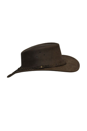 The Barmah Bushie Suede Cooler Hat is a brown Australian leather hat with a wide, slightly curved brim and a braided band, displayed against a plain white background.