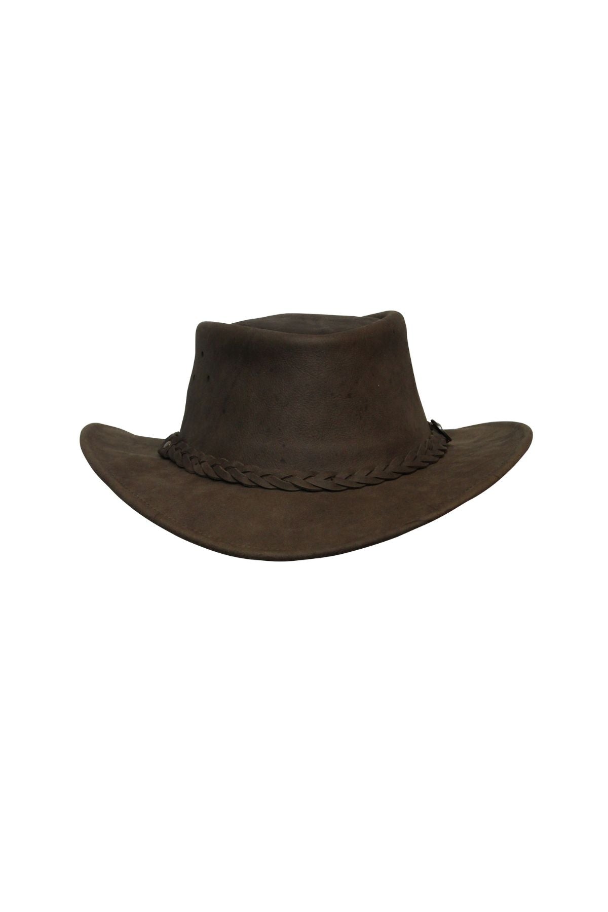 The Barmah Bushie Suede Cooler Hat is a dark brown, wide-brimmed Australian leather hat with a flat crown and braided band, shown on a plain white background.