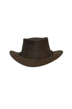 The Barmah Bushie Suede Cooler Hat is a dark brown, wide-brimmed Australian leather hat with a flat crown and braided band, shown on a plain white background.