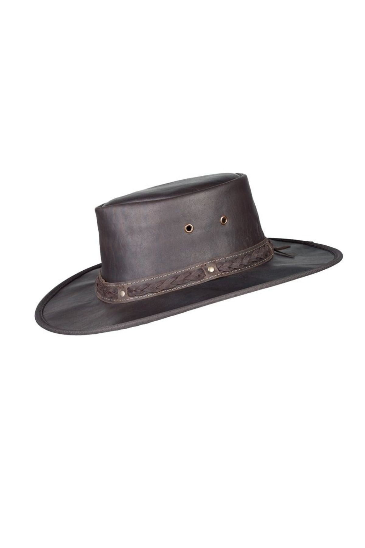 The Barmah Squashy Roo Crackle Hat is a wide-brimmed hat made of dark brown kangaroo leather, featuring a braided band and two small side vents. Its flat crown and slightly upturned brim provide both style and comfortable ultraviolet protection.