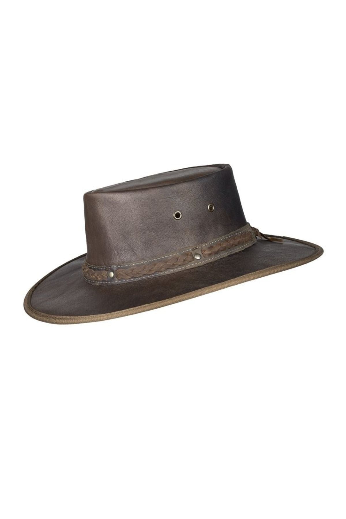 Introducing the Barmah Squashy Roo Crackle Hat, a rugged cowboy hat in brown, expertly crafted from water-resistant kangaroo leather. It features a wide brim and flat top to ensure optimal UV protection, complemented by metal eyelets on the sides. A braided band elegantly encircles the base of the crown, creating a striking contrast against a crisp white background.