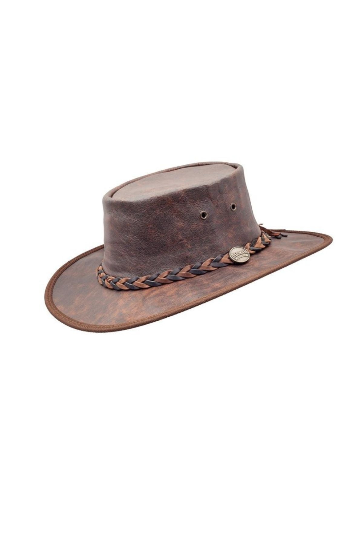 The Barmah Squashy Roo Crackle Hat is expertly crafted from high-quality kangaroo leather and showcases a wide brim complemented by a braided leather band with a small metal emblem. Its distressed texture gives the hat a rugged, worn appearance while providing vital ultraviolet protection.