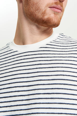 A close-up of a man's neck, showcasing the softness of the Ben Sherman Textured Stripe Tee.