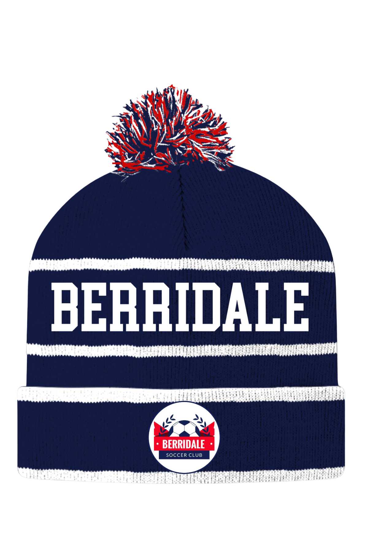 The Berridale Football Club Beanie is navy blue with white stripes, a red, white, and blue pom-pom, "BERRIDALE" in bold white letters, and features the Berridale Soccer Club logo on the cuff.