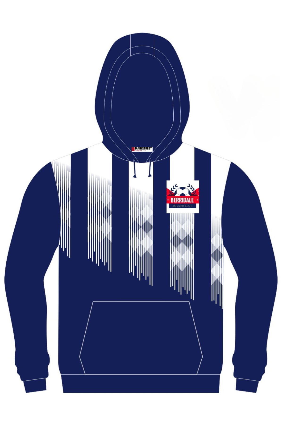 Pre-order the Berridale Football Club Pullover Cotton Lined Hoodie in navy blue with white vertical streaks, a front pocket, and a red/white/black "BERRIDALE" logo on the chest—perfect for fans!.