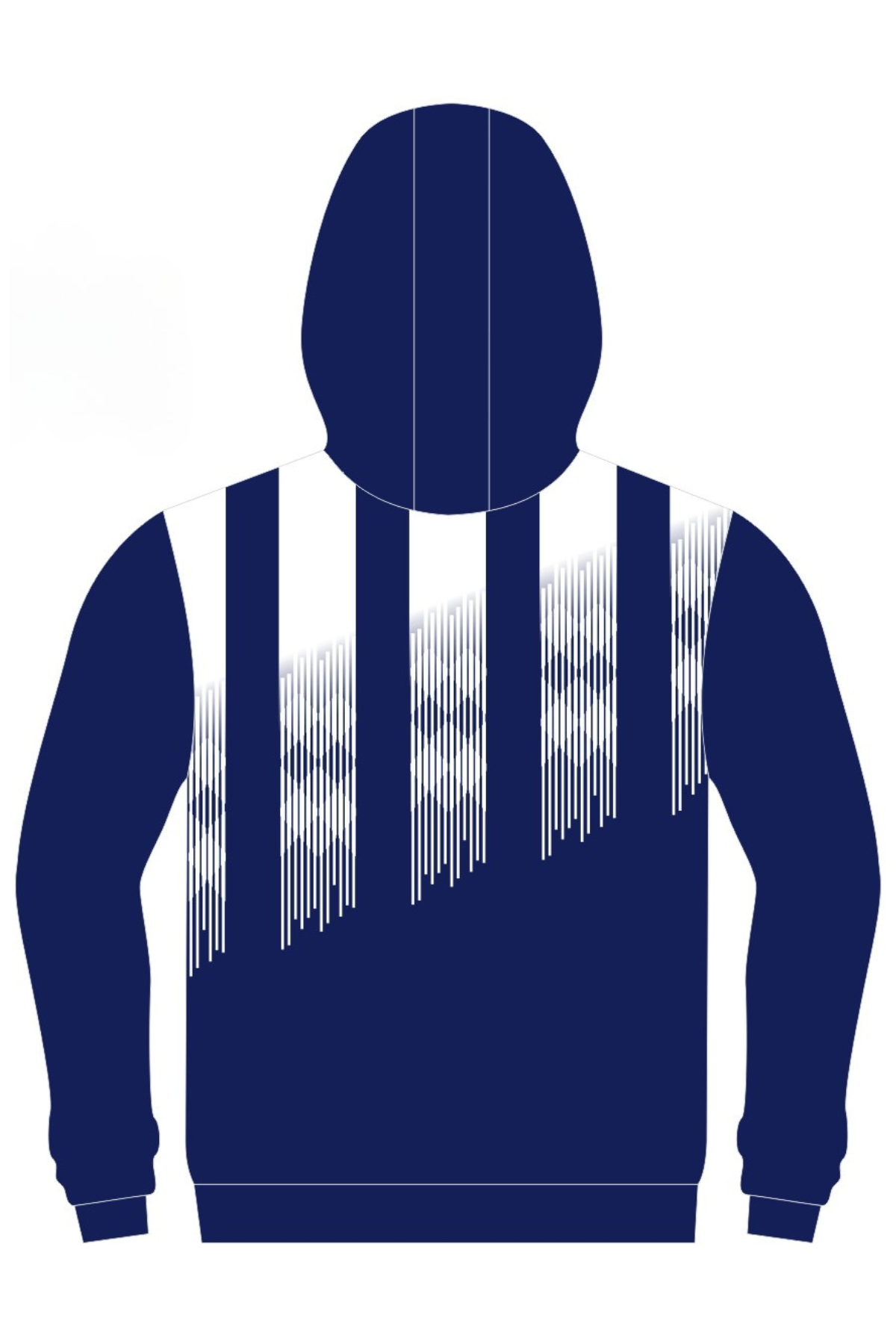 The Berridale Football Club Pullover Cotton Lined Hoodie in navy blue features white vertical gradient stripes on the upper chest and shoulders. Available for pre-order, it’s a modern choice for club supporters.