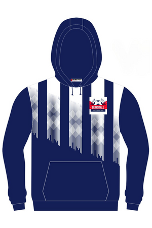 Pre-order the Berridale Football Club Pullover Cotton Lined Hoodie in navy blue with white vertical streaks, a front pocket, and a red/white/black "BERRIDALE" logo on the chest—perfect for fans!.