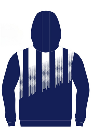 Pre-order the Berridale Football Club Full Zip Polar Fleece Hoodie in navy blue, featuring a hood, long sleeves, and white vertical lines in a diagonal pattern across the chest and shoulders. Get the latest club style now!.