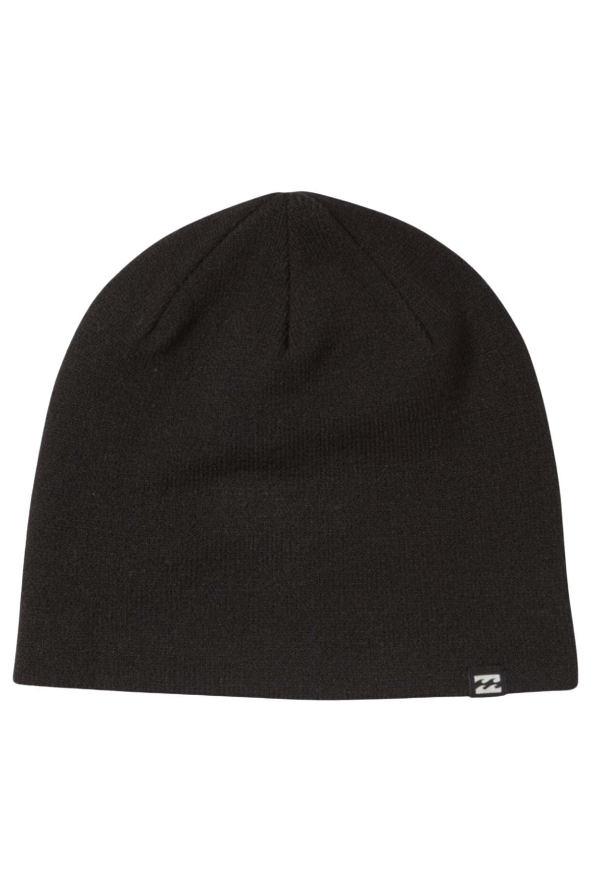 The Billabong All Day Beanie is a plain black beanie featuring a subtle logo tag on one side, crafted from soft, stretchy acrylic for a simple and snug fit. It's an essential piece for any winter outfit.