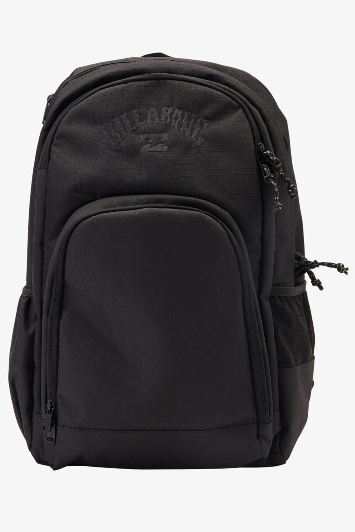 The Billabong Command Backpack, made from recycled polyester, offers multiple zippered compartments, side pockets, a padded laptop section, and features subtle embroidered branding on the front.