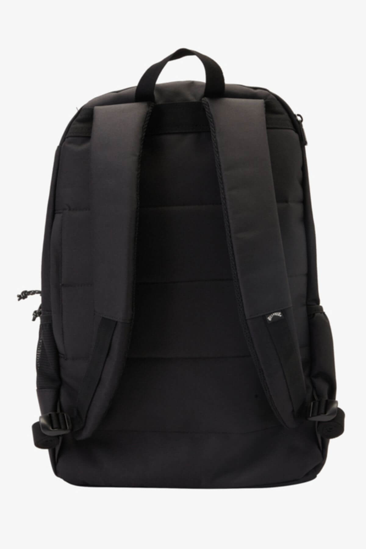 The Billabong Command Backpack in black is shown from the back, featuring padded shoulder straps, a top handle, a side pocket, and a padded laptop compartment. The design is simple and functional with minimal branding.