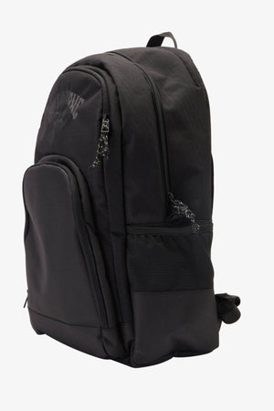 The Billabong Command Backpack, shown in black on a white background, features multiple zippered compartments, a padded laptop section, a top handle, and is made from recycled polyester.