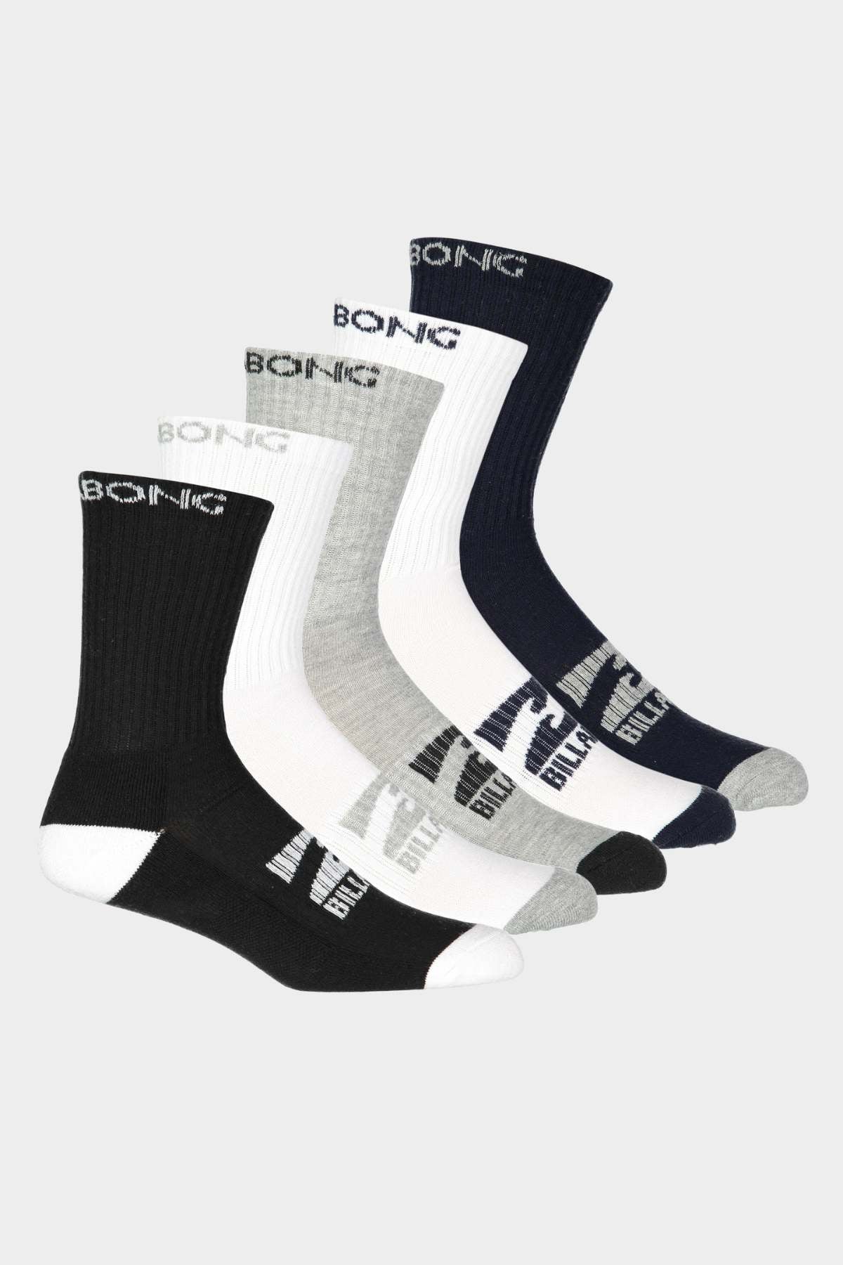 The Billabong Sports Sock 5 Pack includes five pairs of comfortable crew socks in black, white, grey, and navy blue, each featuring contrasting heels, toes, cuffs, and bold "Billabong" branding on the tops and sides.