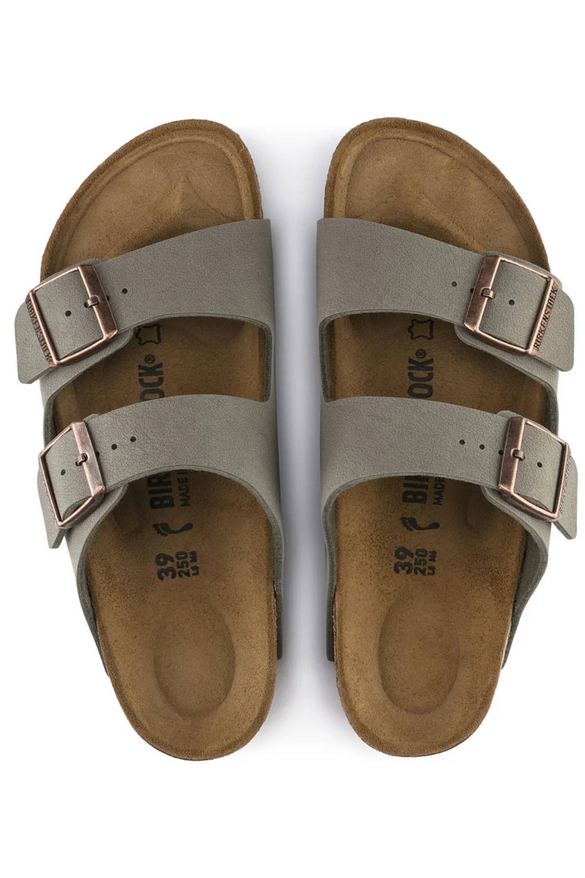 The Birkenstock Arizona sandals in gray feature two adjustable buckles per strap, a signature contoured footbed for all-day comfort, and are presented from above on a white background.