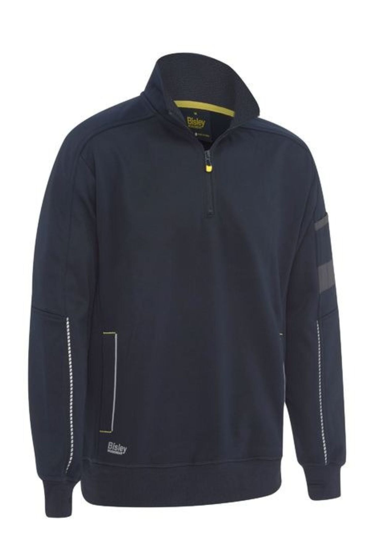 The Bisley 1/4 Zip Sherpa Lined Fleece is a navy blue long-sleeve pullover featuring a quarter-zip, standing collar, yellow accents, reflective sleeve strip, soft sherpa lining, and Bisley branding near the hem.
