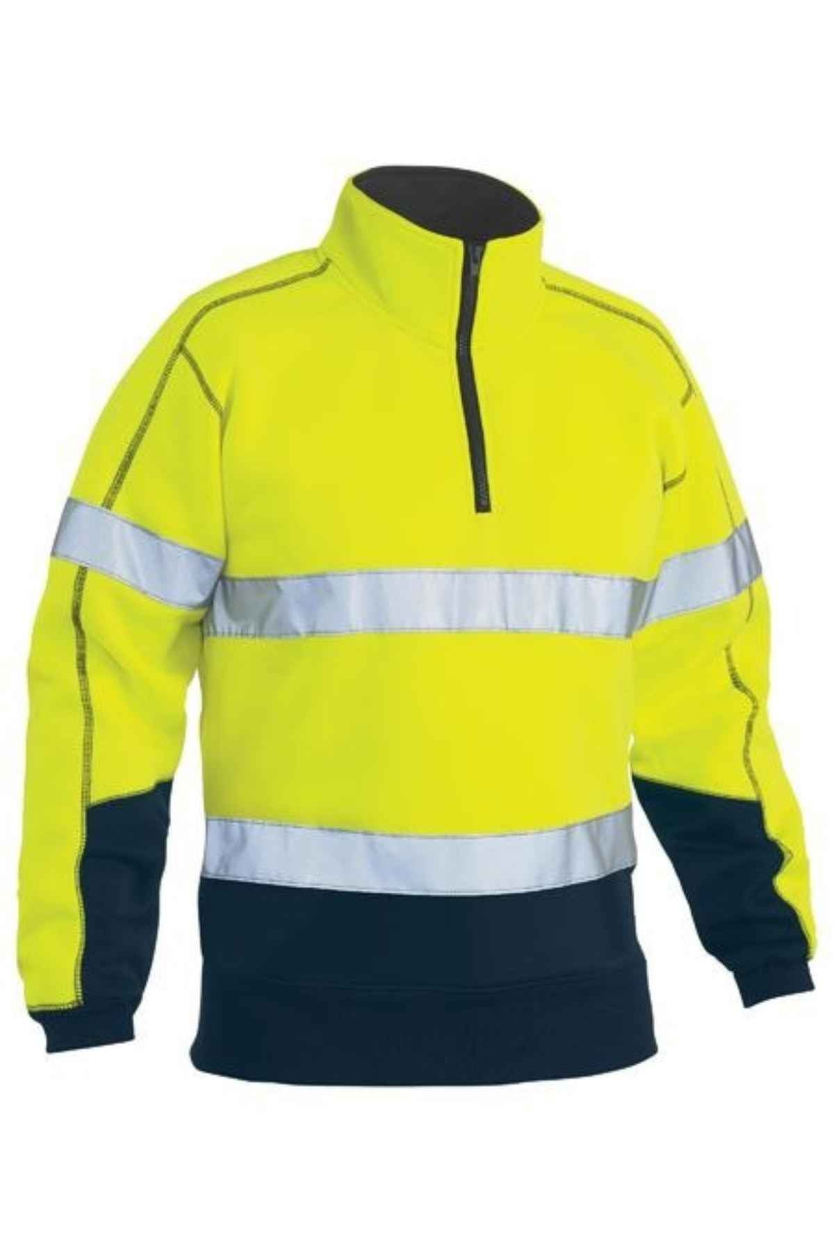 The Bisley BW Fleece 1/4 Zip Tape is a premium polyester fleece sweatshirt in high-visibility yellow, with reflective silver stripes on the chest and arms, a black lower section, and a black front quarter zipper.