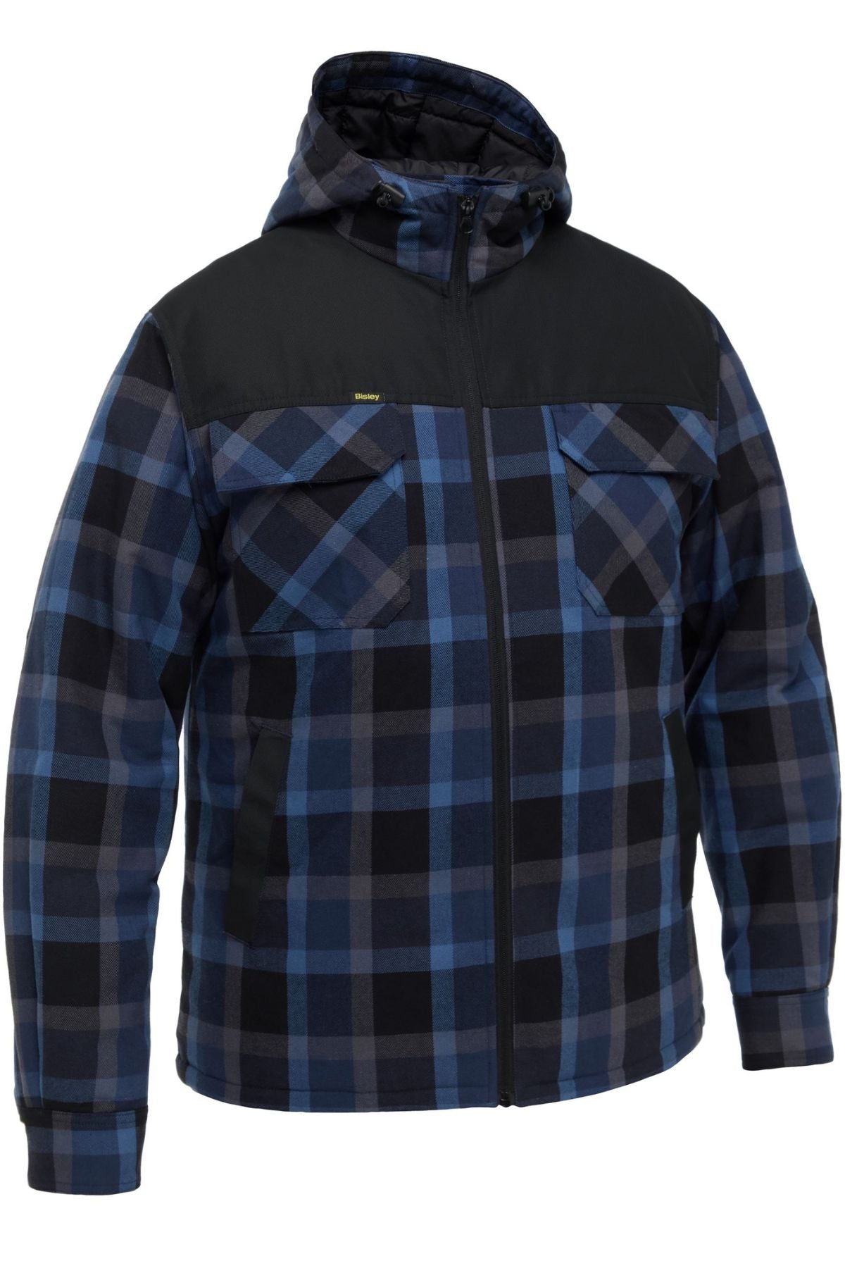 The Bisley Contrast Check Zip Front Hoodie features blue and black plaid, black chest and shoulder panels, a front zipper, two flap chest pockets, side pockets, long sleeves, and a relaxed fit—perfect for durable everyday workwear.