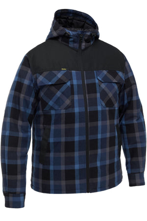 The Bisley Contrast Check Zip Front Hoodie features blue and black plaid, black chest and shoulder panels, a front zipper, two flap chest pockets, side pockets, long sleeves, and a relaxed fit—perfect for durable everyday workwear.