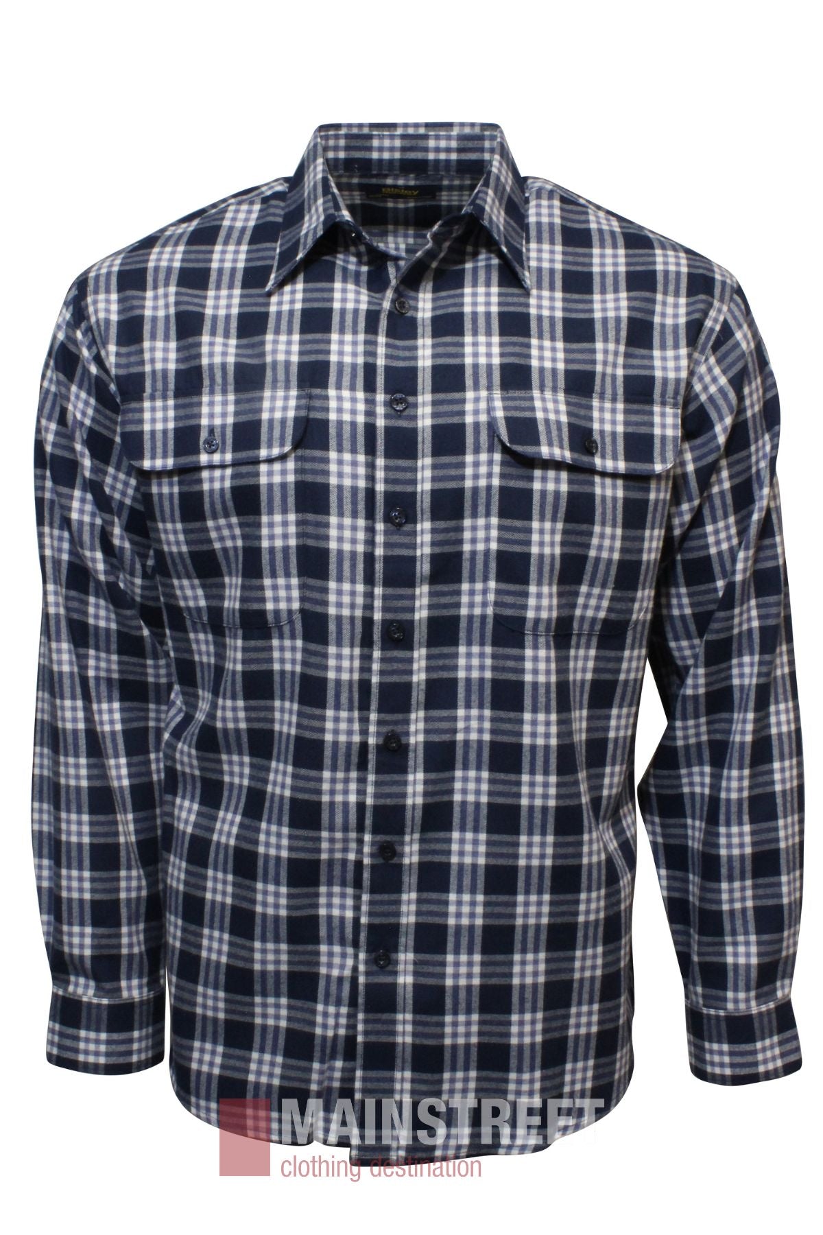 The Bisley Countryman Brushed Shirt is a long-sleeved, button-up shirt in navy, white, and gray plaid with two chest pockets, made from polyester cotton. Displayed on a white background.