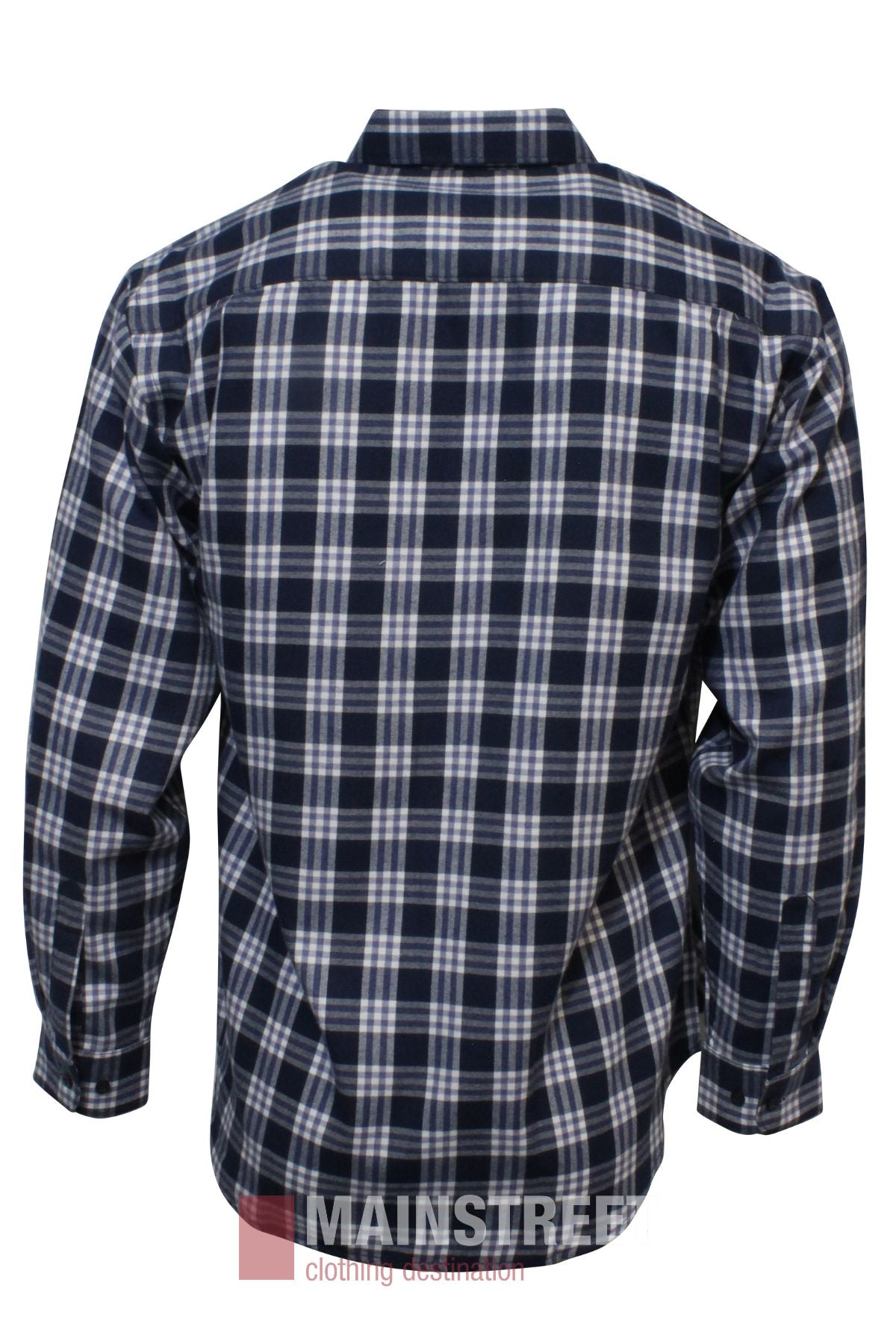 The Bisley Countryman Brushed Shirt, a long-sleeved button-up with navy, white, and gray plaid, is shown from the back against a white background. This shirt is made from comfortable polyester cotton.