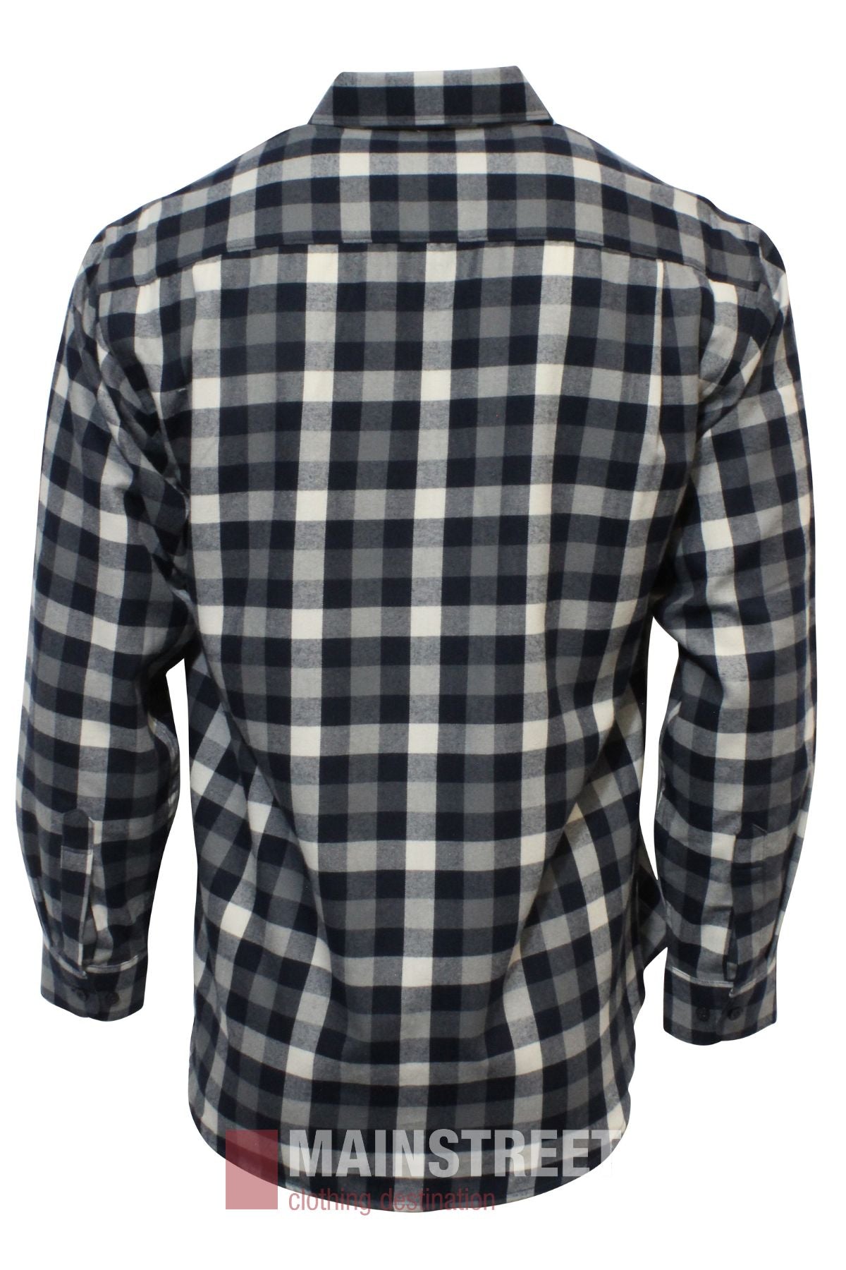 A long-sleeve, button-up Bisley Countryman Brushed Shirt in a black, gray, and white plaid is shown from the back. The shirt has a collar, cuffs, and the MAINSTREET logo partially visible at the bottom.
