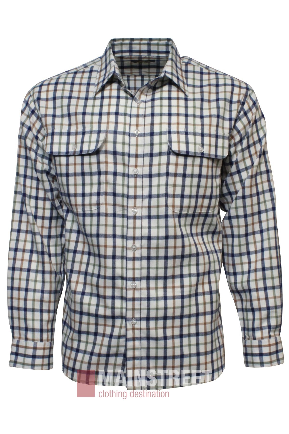 The Bisley Countryman Brushed Shirt is a long-sleeve, blue, brown, and white plaid shirt with two chest pockets with button flaps, a standard collar, and is made from comfortable polyester cotton.