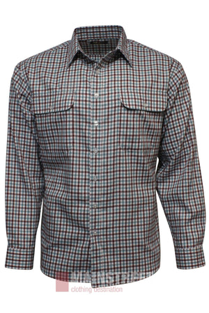 The Bisley Countryman Brushed Shirt is a long-sleeved, button-up shirt with a red, blue, and white plaid pattern, two chest pockets, and a classic collar, shown on a plain white background.