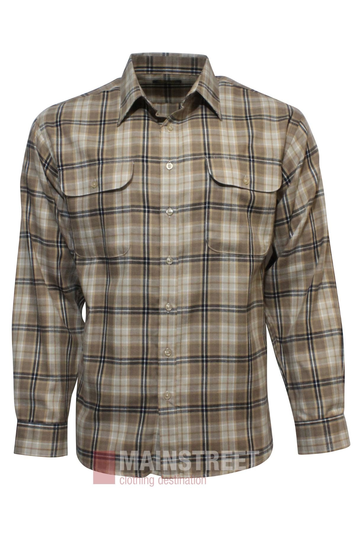 The Bisley Countryman Brushed Shirt is a long-sleeved, button-up shirt with a beige, brown, and black plaid pattern, chest pockets, classic collar, and made from durable polyester cotton for comfort in any setting.