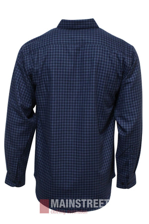 A long-sleeved, navy blue checkered Bisley Countryman Brushed Shirt is shown from the back. Made of polyester cotton, it features a classic collar, buttoned cuffs, straight hem, and a MAINSTREET Clothing Destination logo at the bottom.