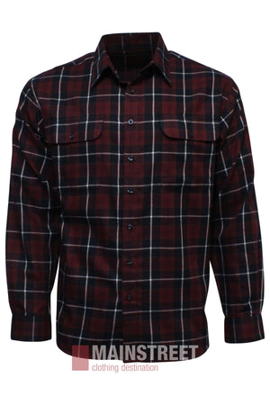 The Bisley Countryman Brushed Shirt is a long-sleeved, button-up shirt in red, black, and white plaid with two chest pockets and flaps, made from polyester cotton and shown on a plain white background.