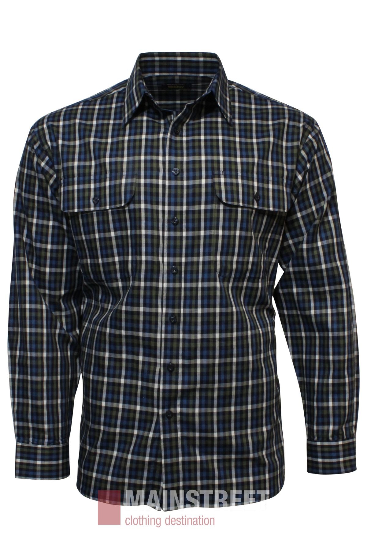 The Bisley Countryman Cotton Shirt is a long-sleeve, button-up shirt with blue, black, and white checkered patterns and two front chest pockets.