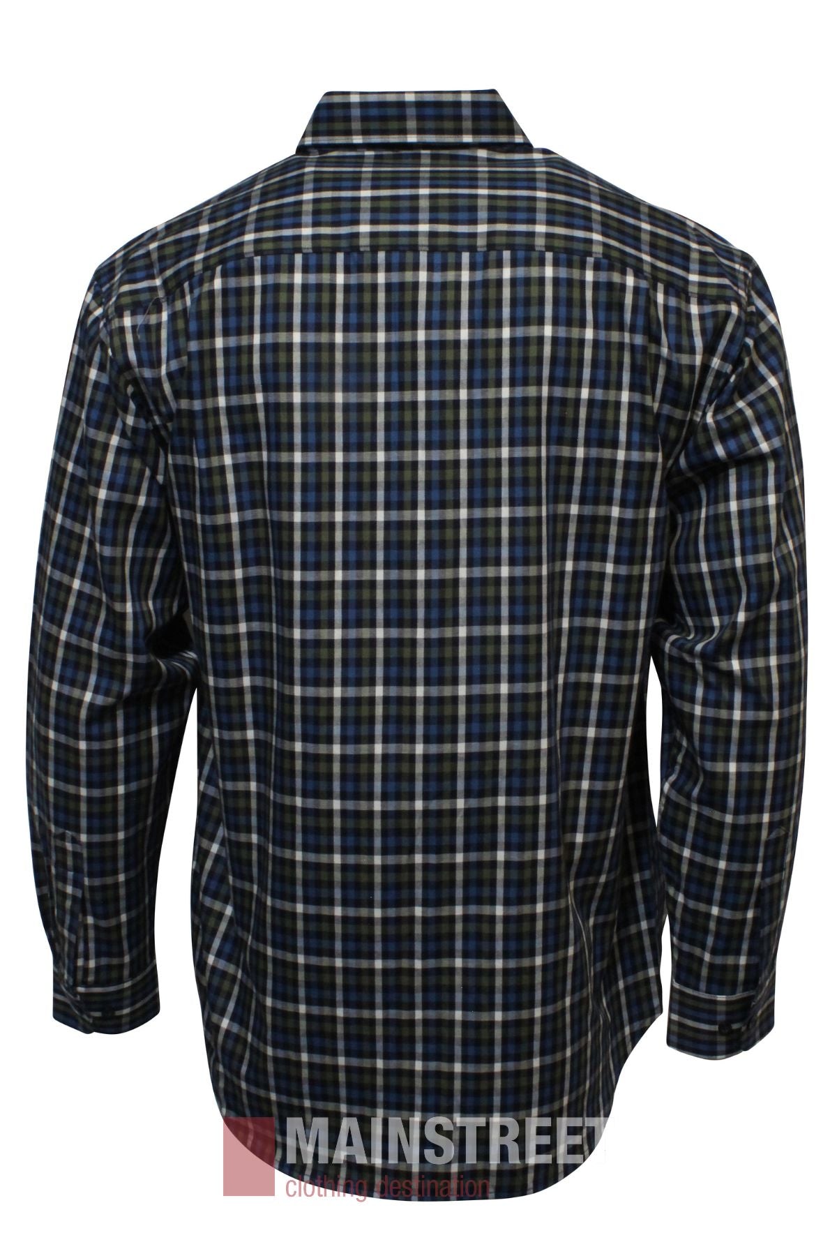 A long-sleeved, button-up Bisley Countryman Cotton Shirt for men in blue, green, and white plaid is shown from the back on a plain white background. "Mainstreet" branding appears faintly at the bottom.