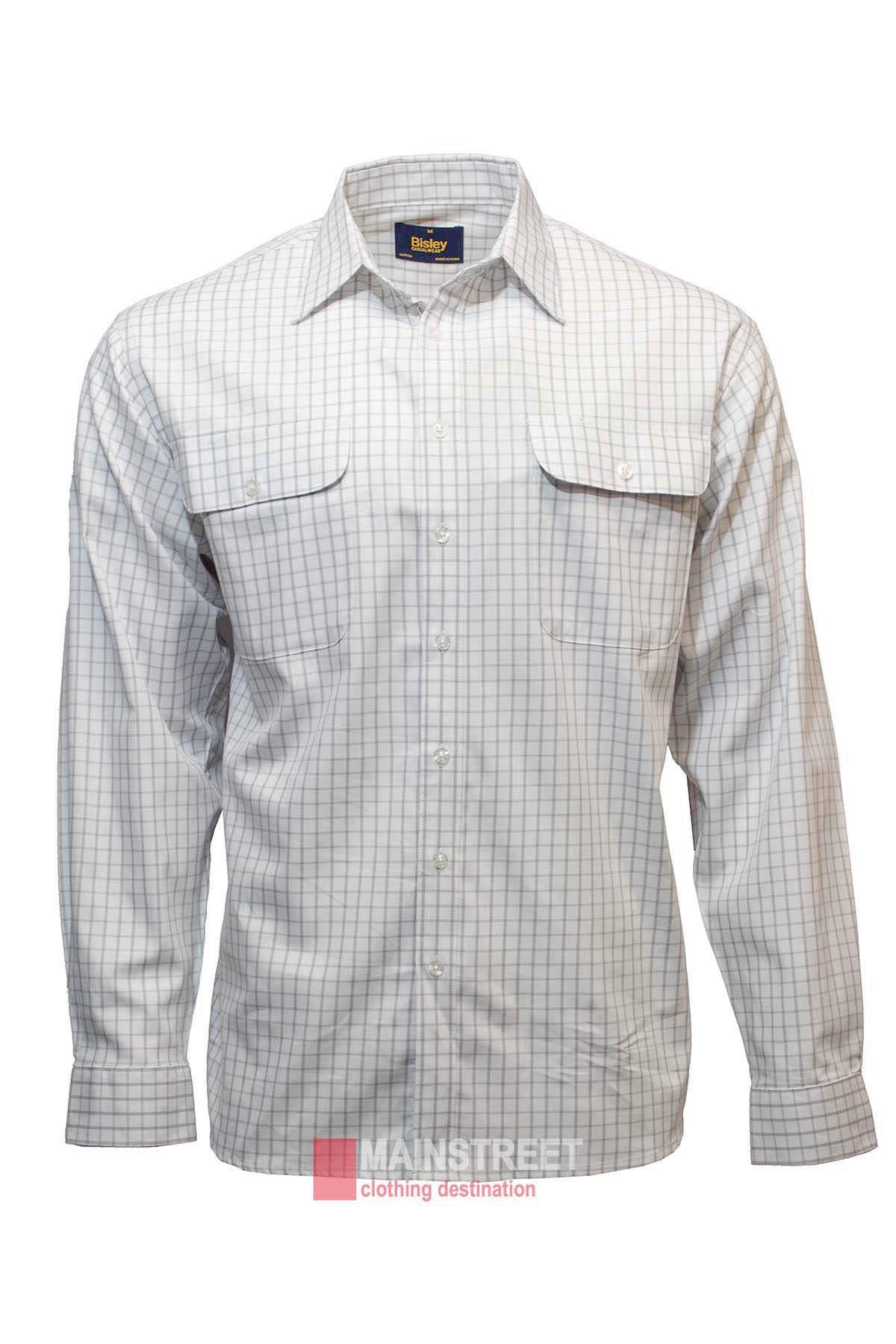 The Bisley Countryman Cotton Shirt, displayed on a mannequin, features long sleeves, a grid pattern, buttoned chest pockets, and the brand logo "Main Street" near the bottom, identified as a "clothing destination.