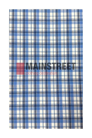 This Bisley Countryman Cotton Shirt features blue, white, and black plaid fabric with a woven check pattern and buttoned chest pockets. The MAINSTREET Clothing Destination logo is printed in black and red across the center.