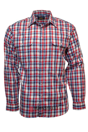 The Bisley Countryman Cotton Shirt features generous sizing, long sleeves, buttoned chest pockets, a collar, and a red, white, and blue plaid pattern. It is displayed on a plain white background.