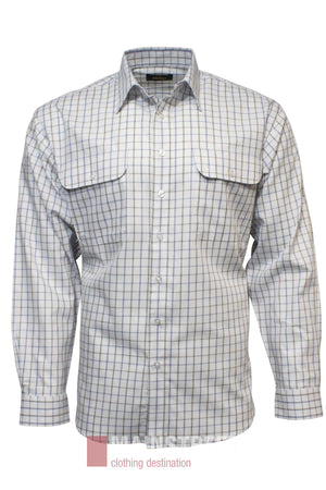 The Bisley Countryman Cotton Shirt is a long-sleeve, button-up with a white base and light blue and tan plaid. It features two large chest pockets with buttoned flaps and a pointed collar—ideal as a classic cotton work shirt.
