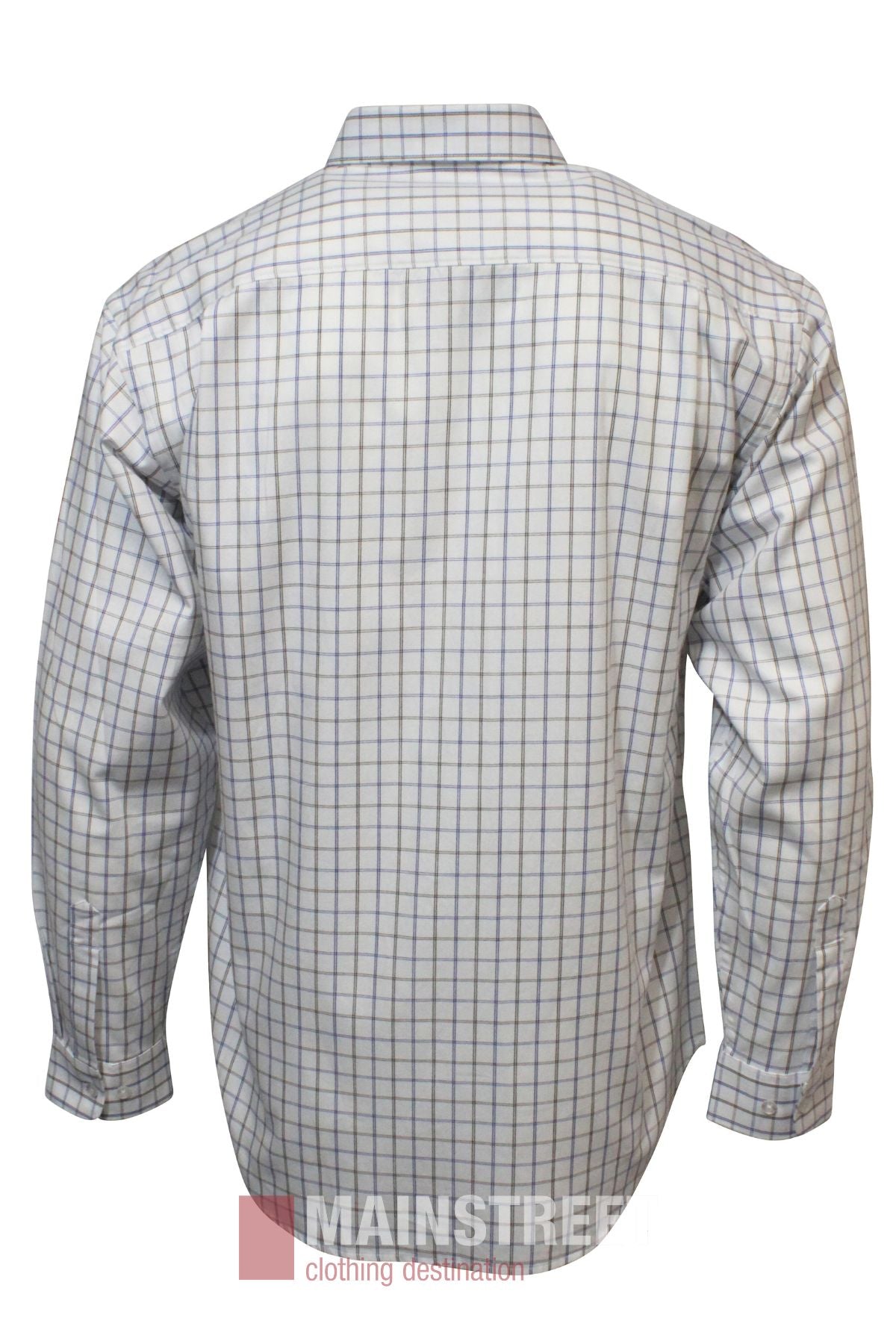 The Bisley Countryman Cotton Shirt is a long-sleeved, button-up work shirt with a white base and blue and brown checks, shown from the back. It features a collar and is worn untucked.