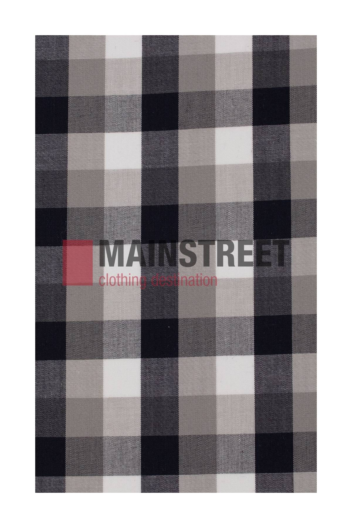 The Bisley Countryman Shirt features a black, white, and gray plaid design with bold gray and red "MAINSTREET clothing destination" text on a red square, offers generous sizing for a relaxed fit, and is made from a durable Polyester/Cotton blend.