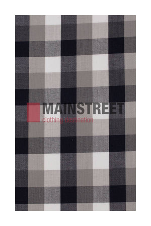The Bisley Countryman Shirt features a black, white, and gray plaid design with bold gray and red "MAINSTREET clothing destination" text on a red square, offers generous sizing for a relaxed fit, and is made from a durable Polyester/Cotton blend.