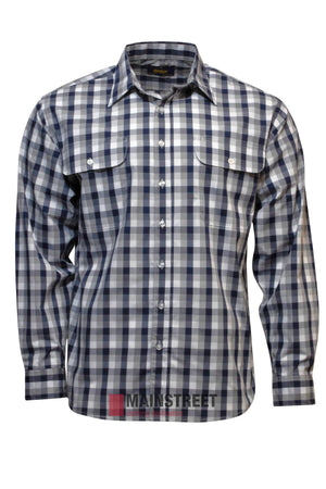 The Bisley Countryman Shirt is a long-sleeve shirt with a blue, white, and black plaid pattern, two chest pockets with buttoned flaps, and is made from a comfortable polyester/cotton blend.
