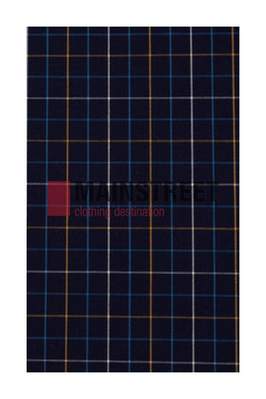 The Bisley Countryman Shirt features dark blue plaid fabric with thin intersecting white, blue, and yellow lines. "MAIN STREET clothing destination" is faintly printed in the center. Made from a polyester/cotton blend.