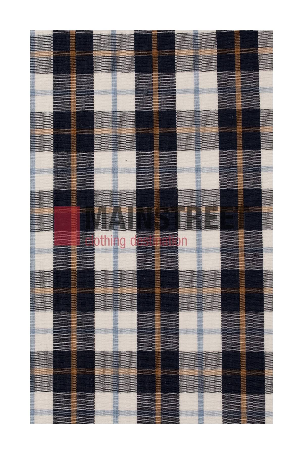 A fabric sample in plaid features navy, white, black, and brown lines like the Bisley Countryman Shirt. The Polyester/Cotton blend ensures durability and comfort with a faint "MAINSTREET clothing destination" display.