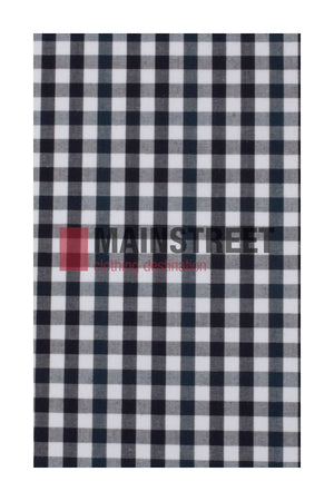 A black and white gingham checkered pattern, inspired by the Bisley Countryman Shirt in a durable polyester/cotton blend, with "MAINSTREET clothing destination" partially visible over the pattern.