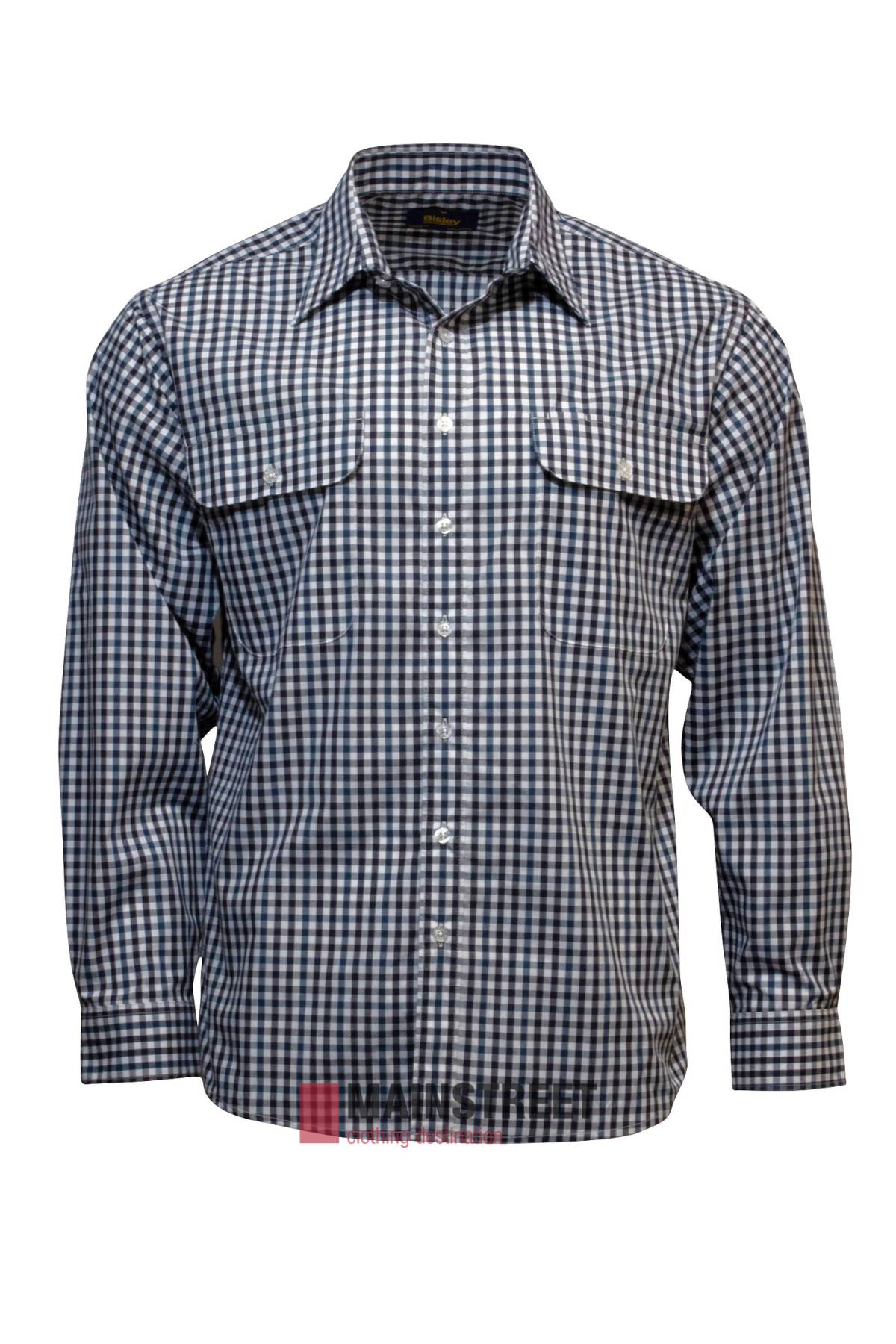 The Bisley Countryman Shirt is a long-sleeve, button-up shirt in blue and white check print, made from a cool polyester/cotton blend. It features two flap chest pockets and is shown on a plain white background.