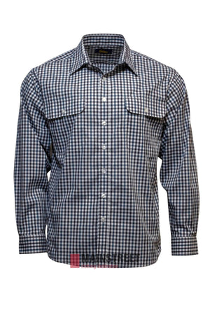 The Bisley Countryman Shirt is a long-sleeve, button-up shirt in blue and white check print, made from a cool polyester/cotton blend. It features two flap chest pockets and is shown on a plain white background.